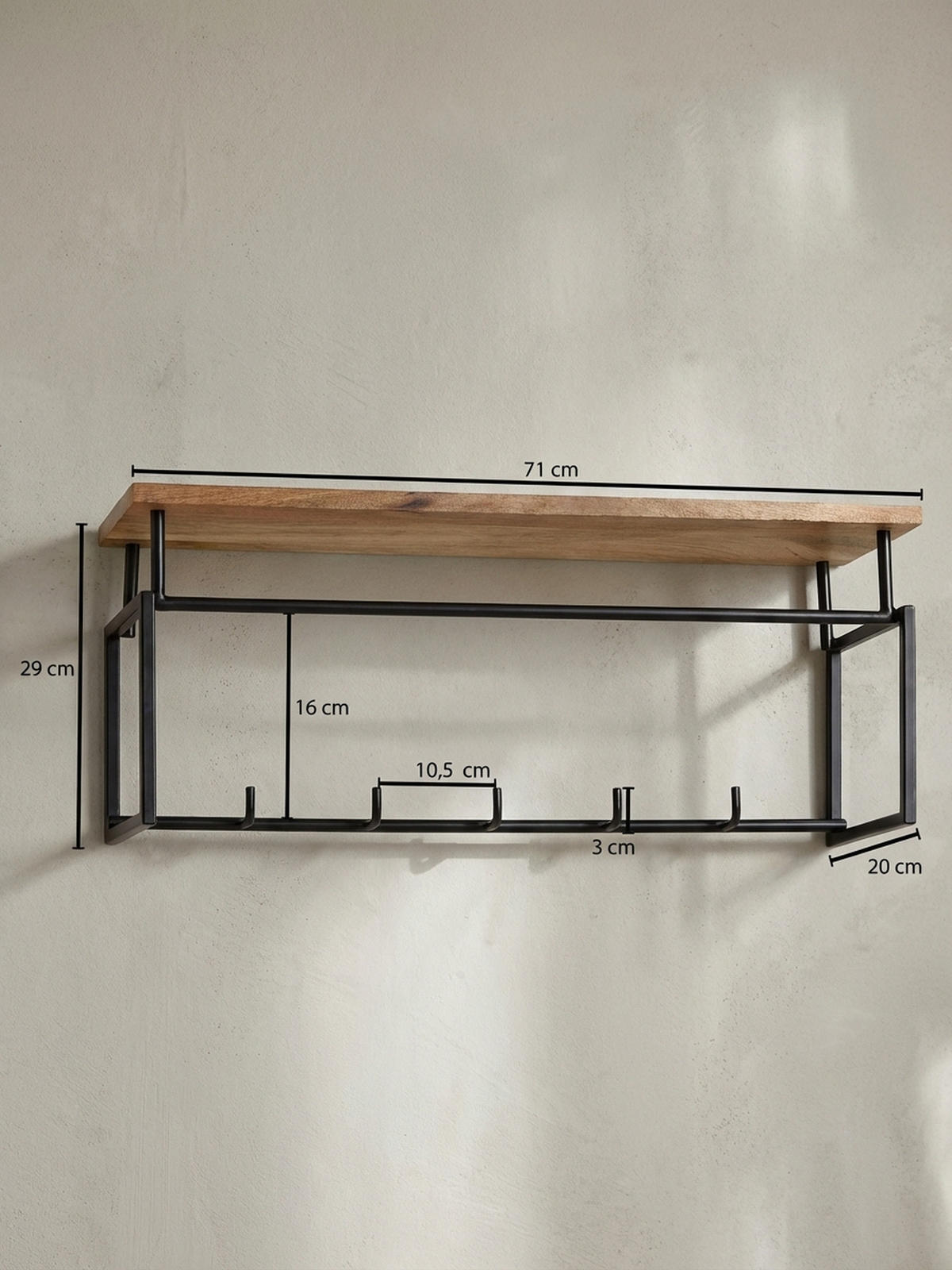 WANDGARDEROBE Mango Massivholz Metall Modern für Eingangsbereich - Braun, Holz/Metall (71/29/20cm) - KADIMA DESIGN