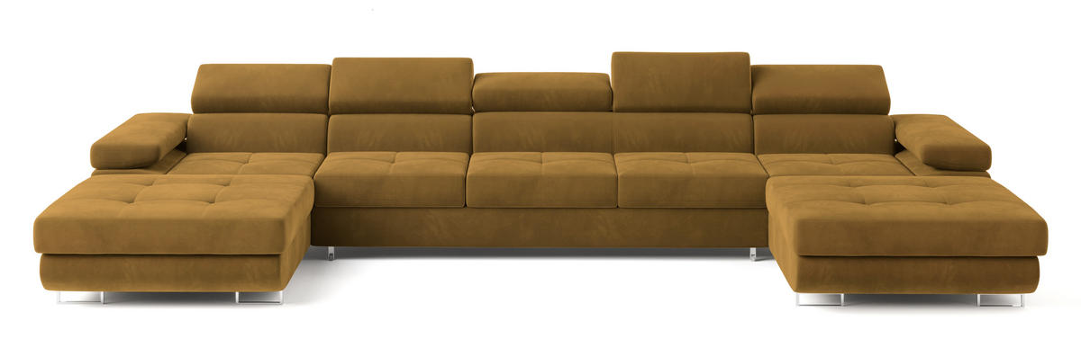 WOHNLANDSCHAFT OMBRA Gelb Velours-Stoff mit Schlaffunktion - Gelb, Holz (425/90/202cm) - MASSENO