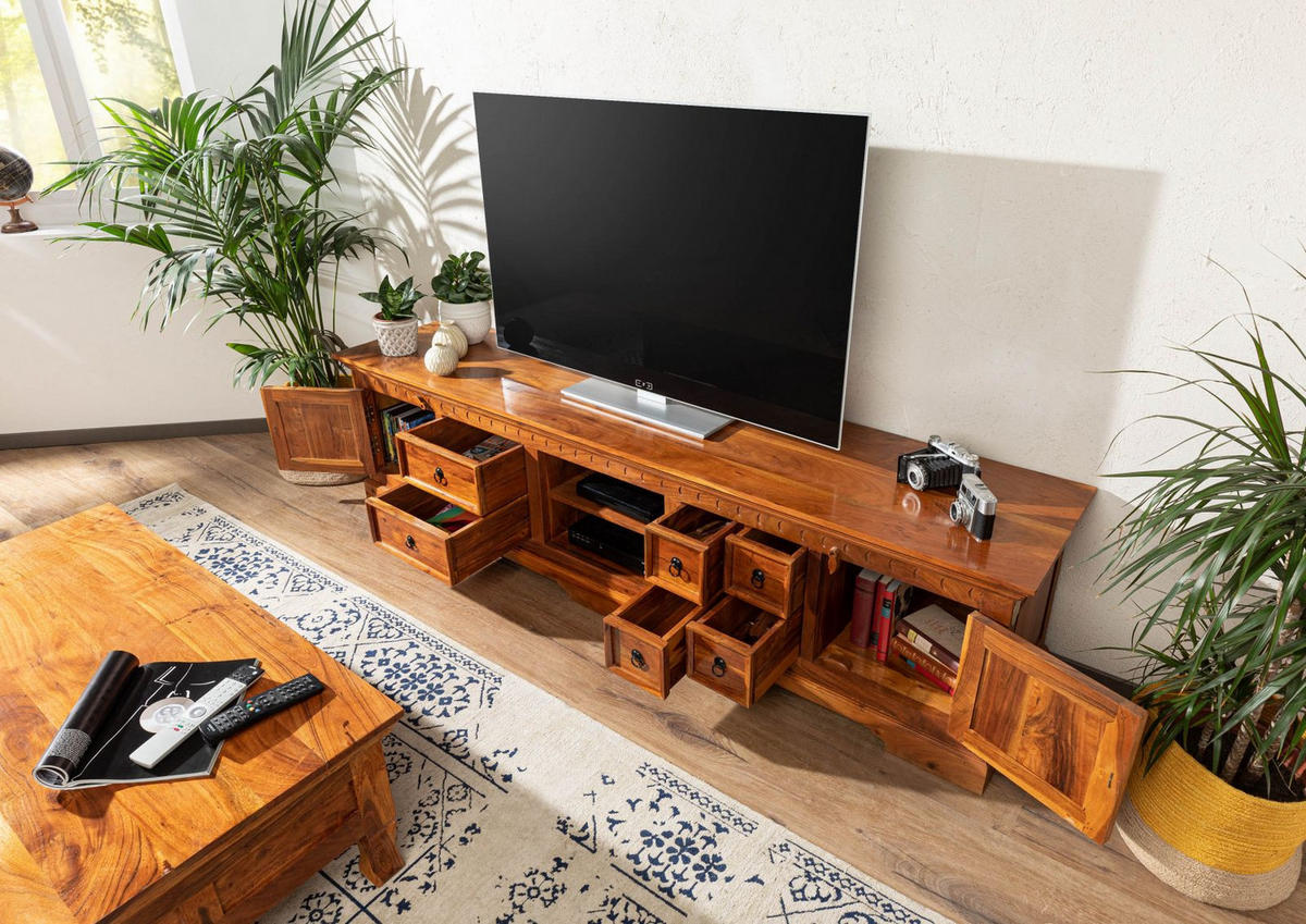 TV-BOARD Akazie 220x50x55 honig lackiert OXFORD #0341 - Braun, Holz (220/55/50cm) - Massivmoebel24