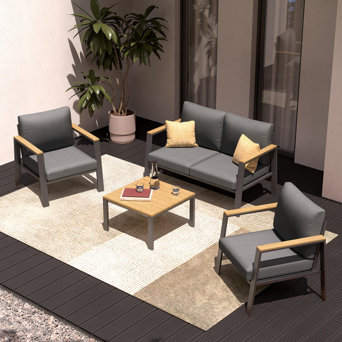 LOUNGESET - 4-teilig - Eukalyptus massiv / Polyester - Braun / Anthrazit - Braun/Grau, Holz/Textil - home24