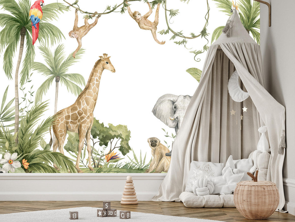 FOTOTAPETE für Kinderzimmer Dschungel Tiere Giraffe Elefant Palmen 400x280 - Beige/Rot, Papier (400/280cm) - Muralo