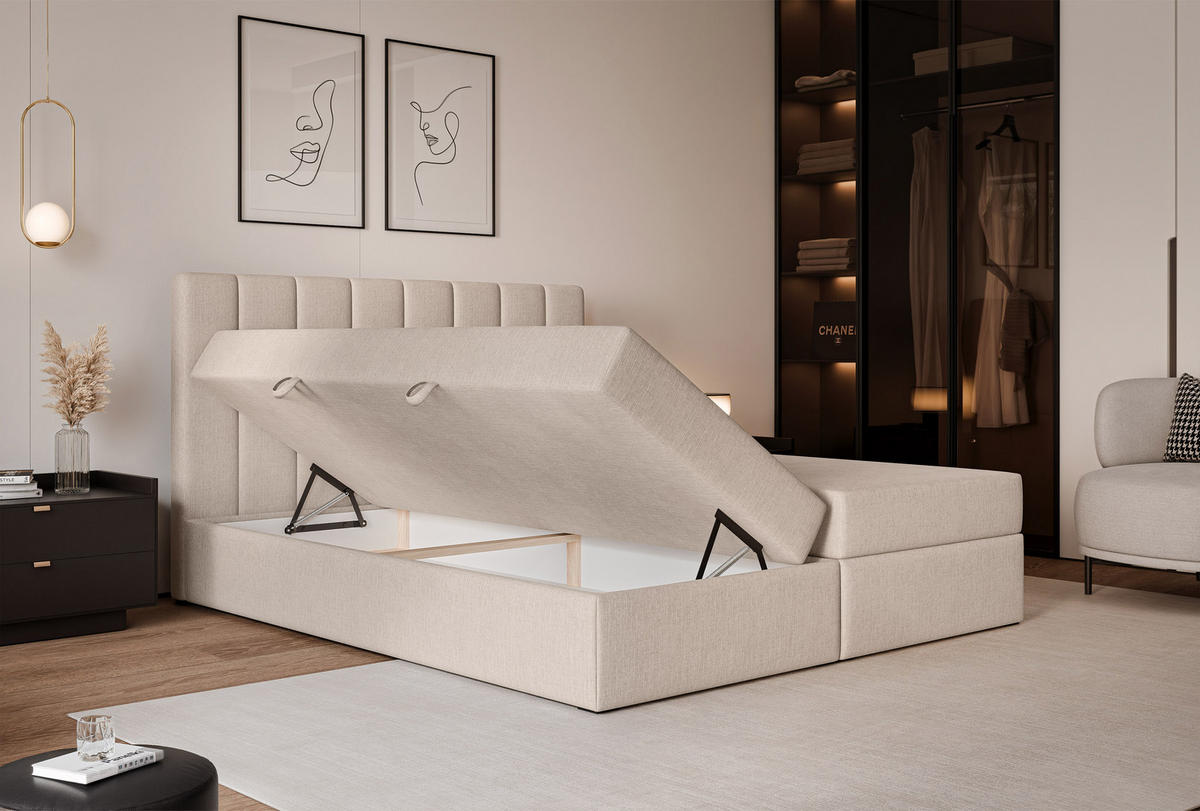 BOXBETT LEO 200/200 cm mit Matratze und Topper, Hellbeige - Sandfarben/Schwarz, Holzwerkstoff/Kunststoff (200/200cm) - Idohome