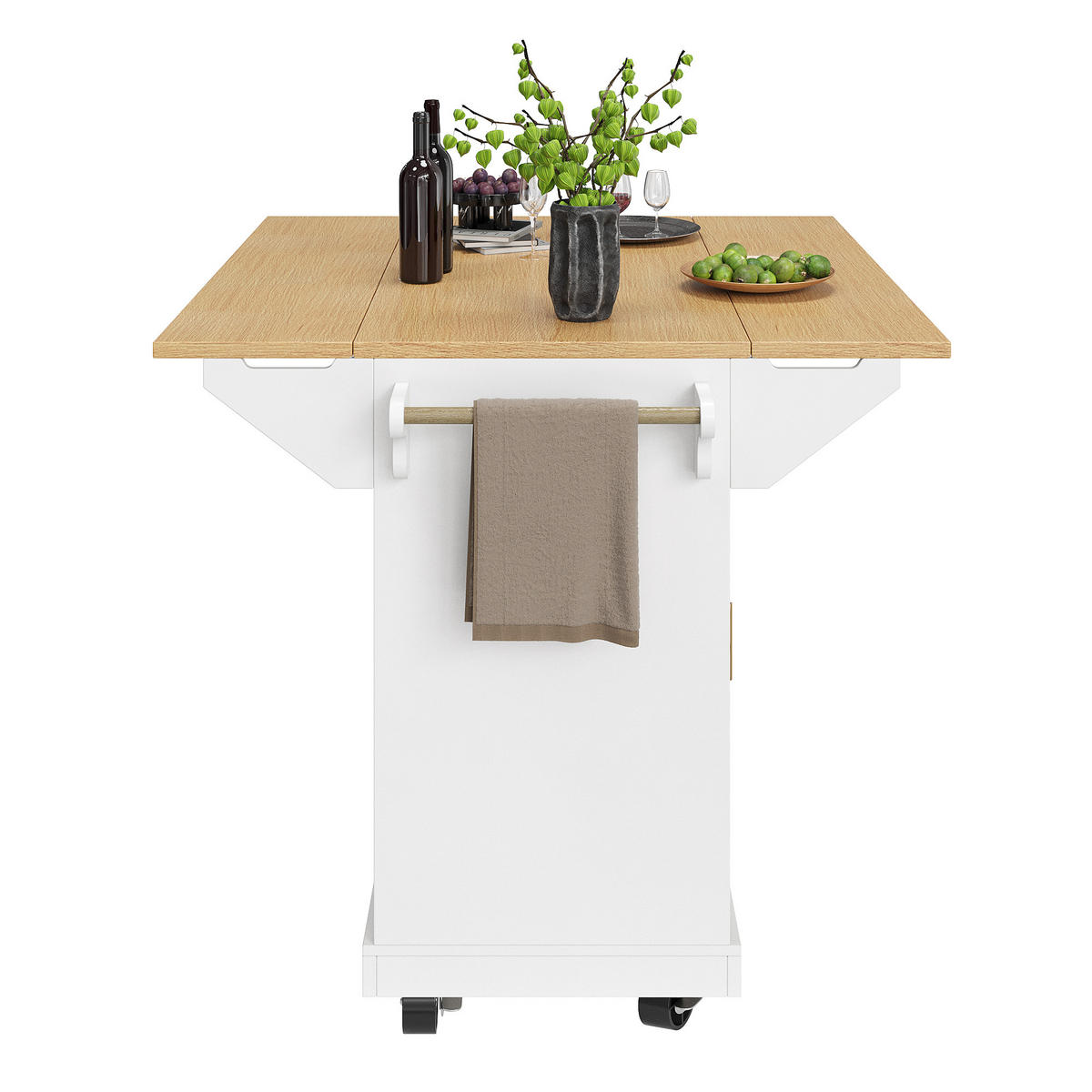 KÜCHENINSEL 120x80x95cm weiß/Holzoptik mit Klapptisch & 5 Rollen - Weiß, Holzwerkstoff (120/95/80cm) - Modfu