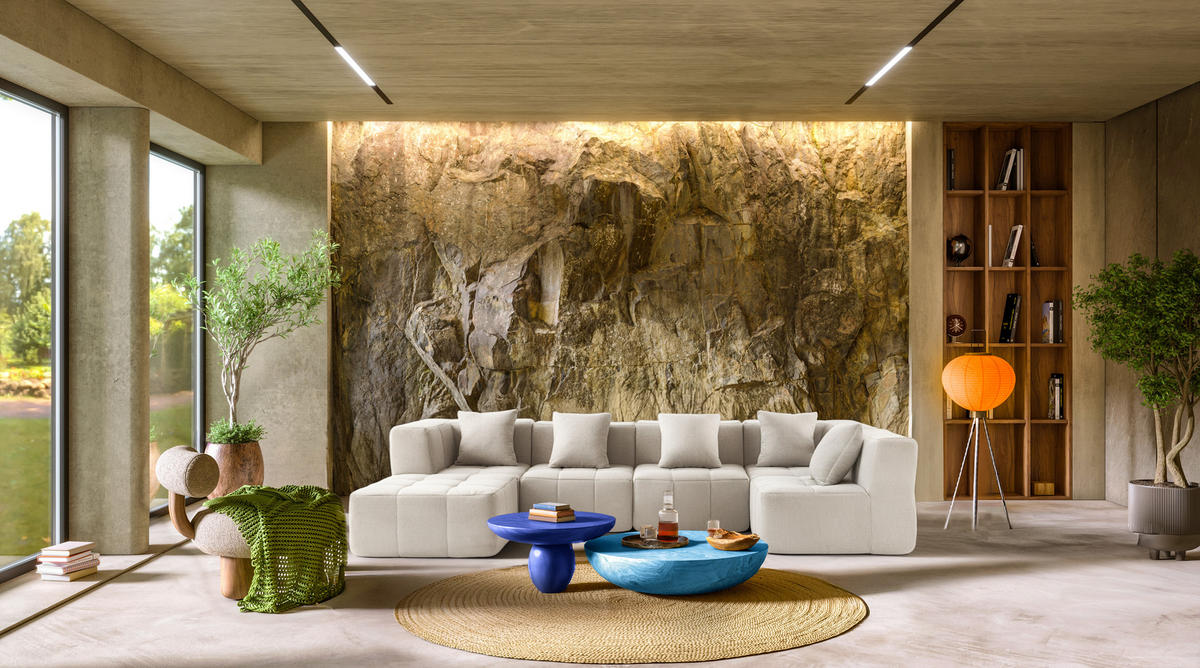 WOHNLANDSCHAFT Bouclé-Stoff Cremebeige - Beige, Textil (340/73/190cm) - MILYsofa