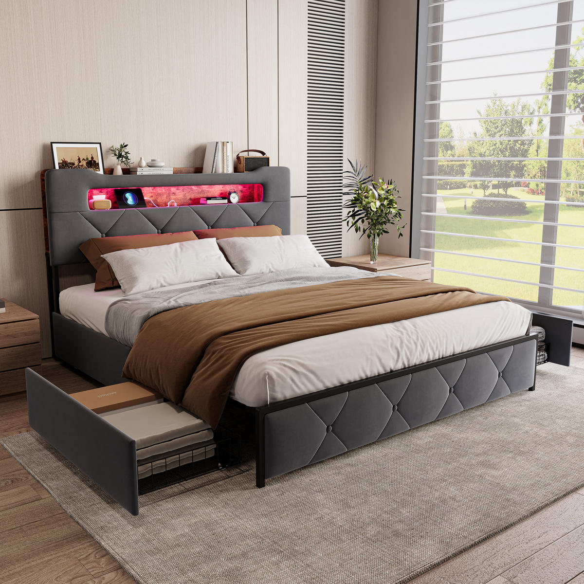 POLSTERBETT 140x200 cm Grau mit 4 Schubladen, LED Beleuchtung, Stauraum Kopfteil mit USB und Typ-C - Grau, Metall (140/200cm) - EuroLiving