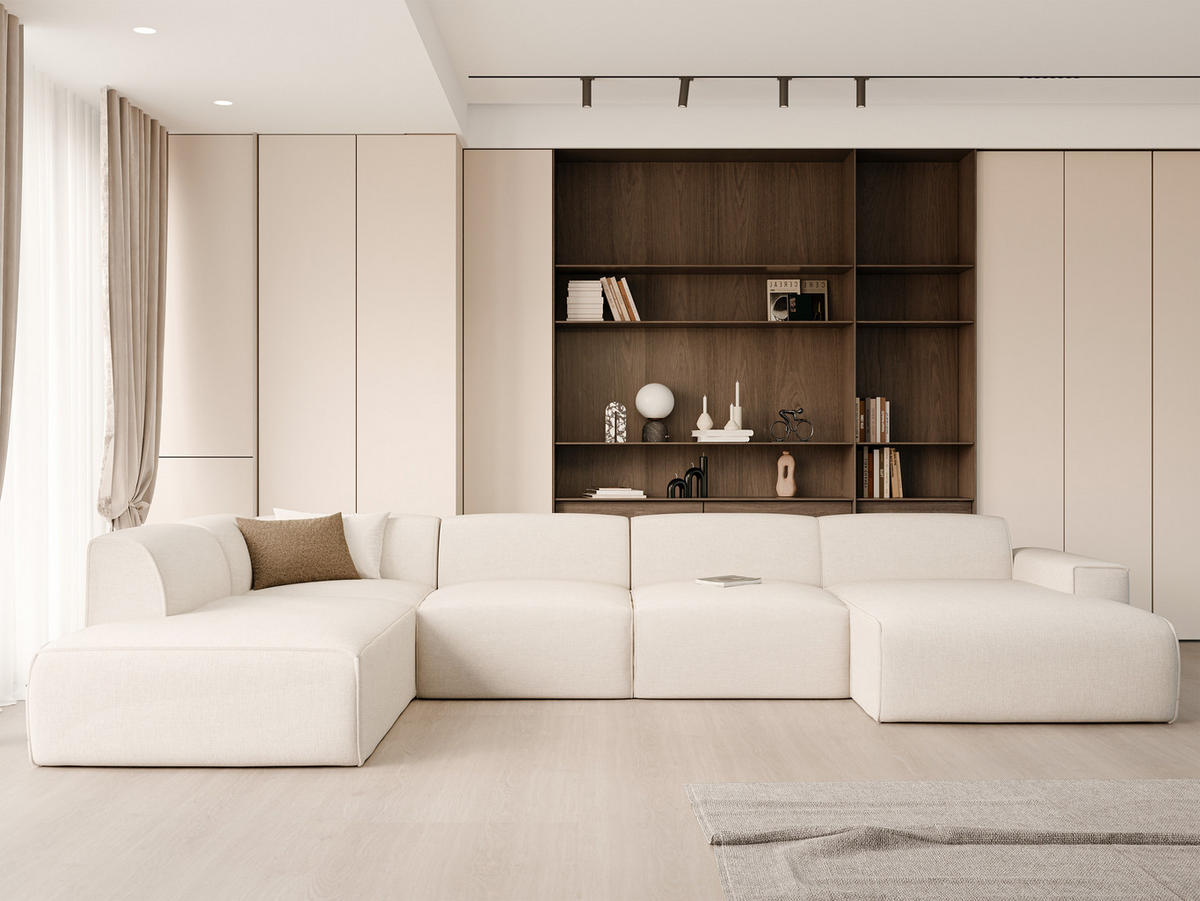 WOHNLANDSCHAFT DOVE Chenille-Stoff in Beige - Beige, Holzwerkstoff/Kunststoff (300/85/200cm) - Idohome