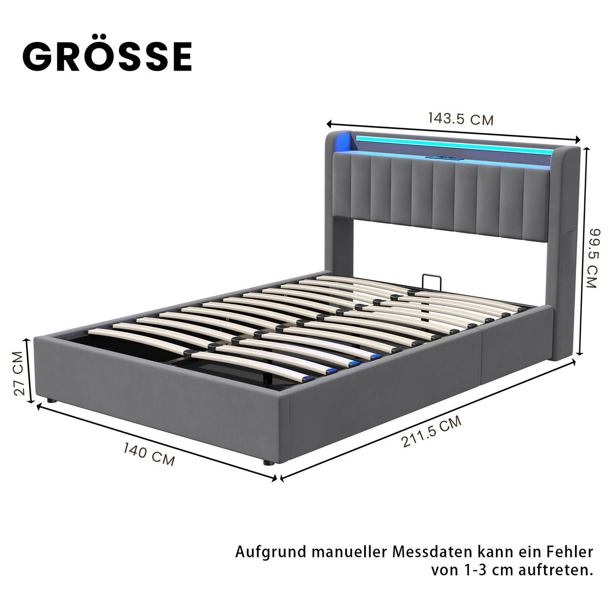 POLSTERBETT 140/190 cm mit Stauraum und Steckdose, mit LED Beleuchtung, ohne Matratze - Grau, Holzwerkstoff/Textil (140/190cm) - STILVORA