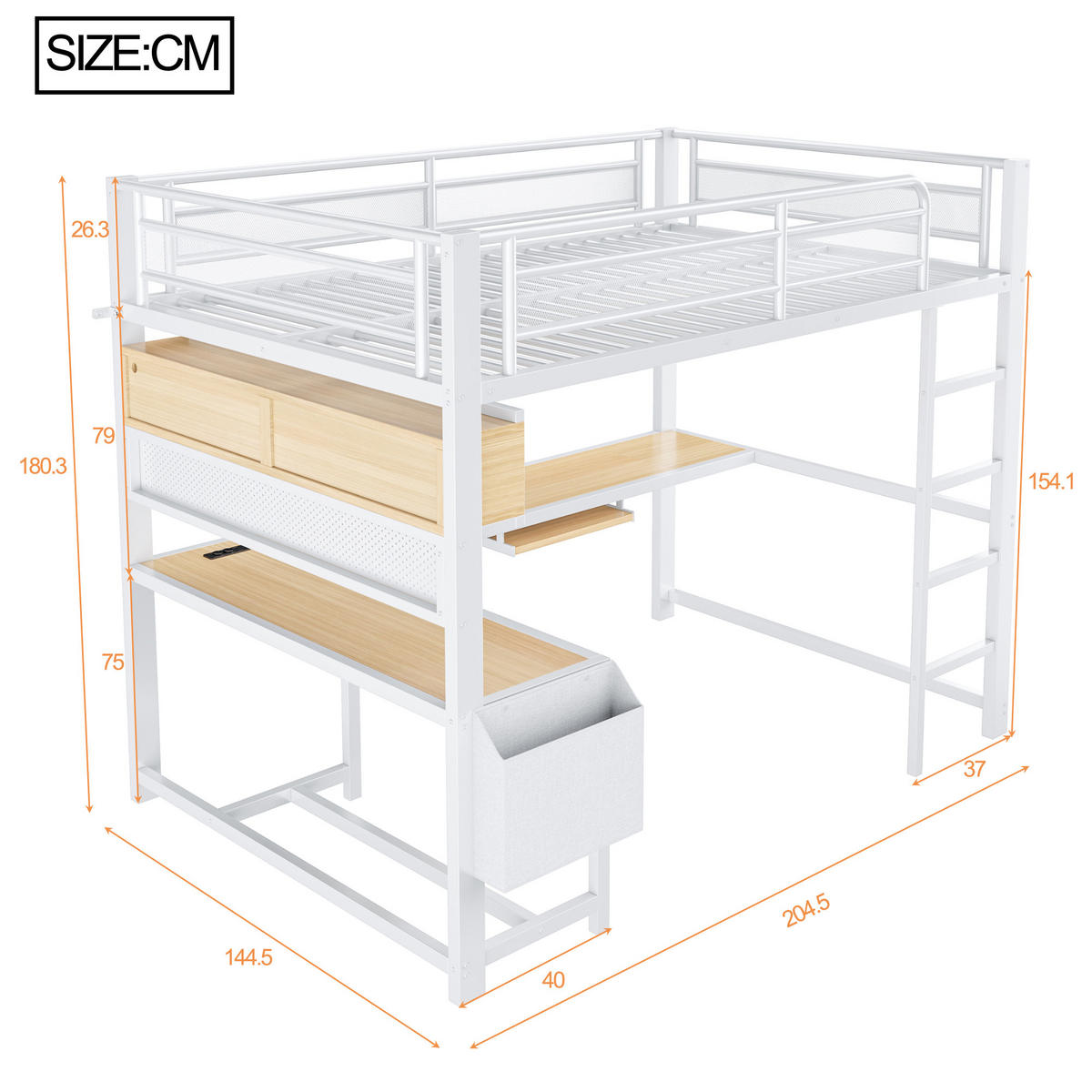 HOCHBETT 140/200 cm in Weiß mit Schreibtisch, LED und USB - Weiß, Holzwerkstoff/Metall (140/200cm) - WISHDOR