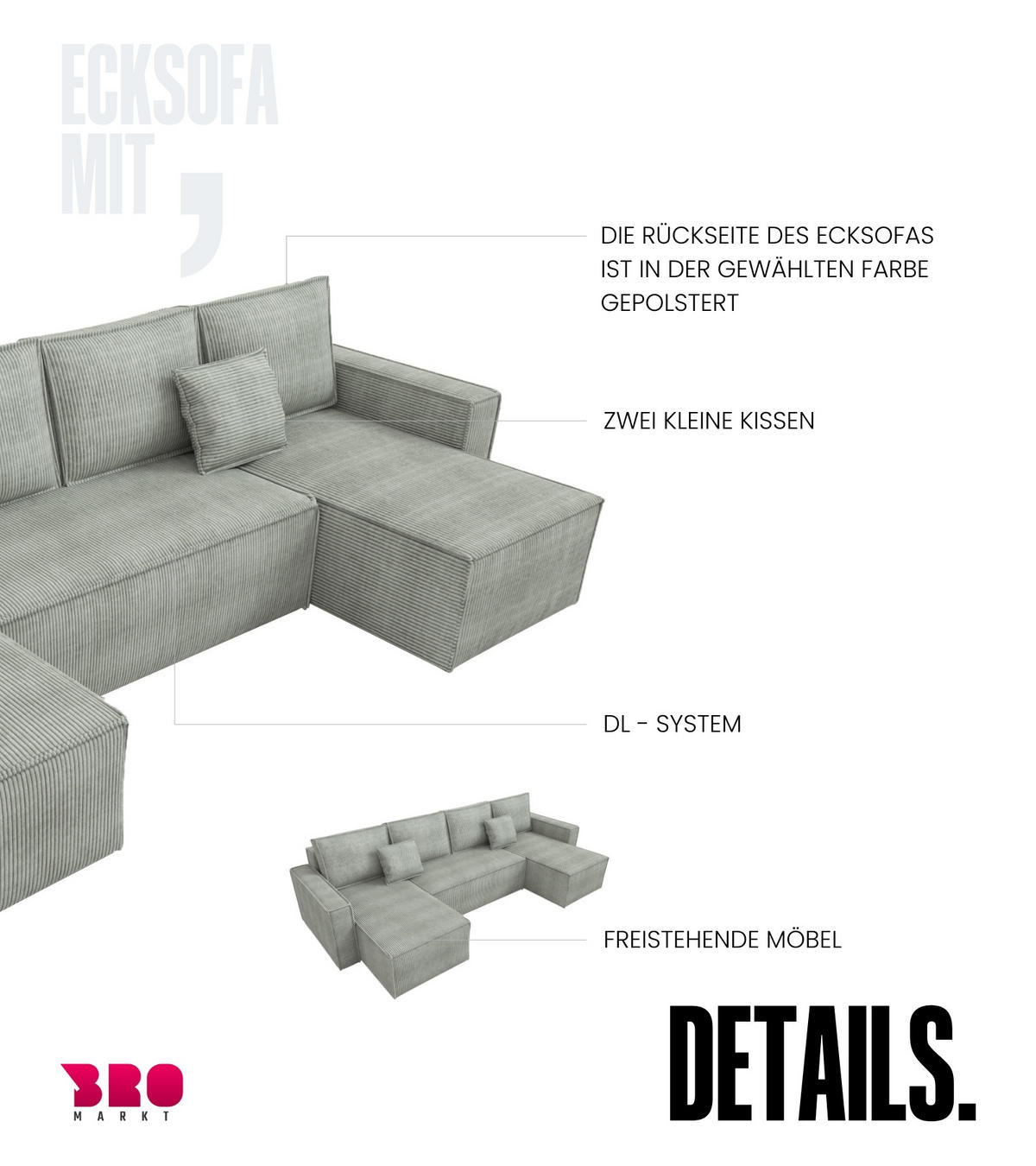 WOHNLANDSCHAFT Dexter U mit Schlaffunktion Grau Cord - Grau, Textil (310/80/141cm) - Bromarkt
