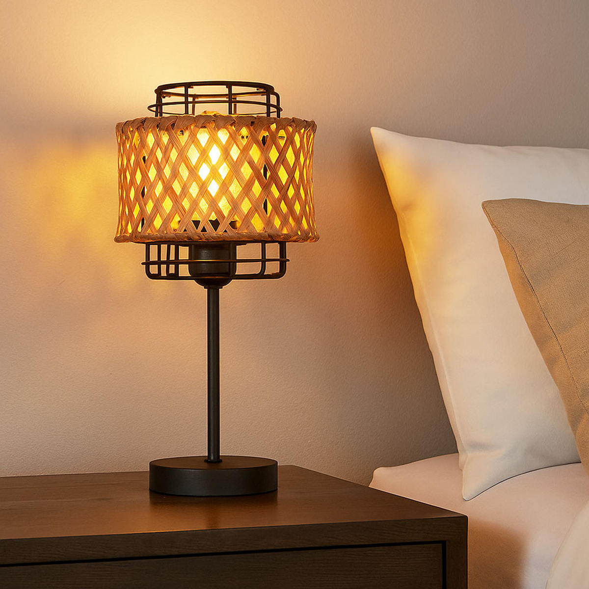 LED TISCHLEUCHTE Bambusgeflecht Braun - Braun, Holz (17/17/32cm) - Globo Lighting