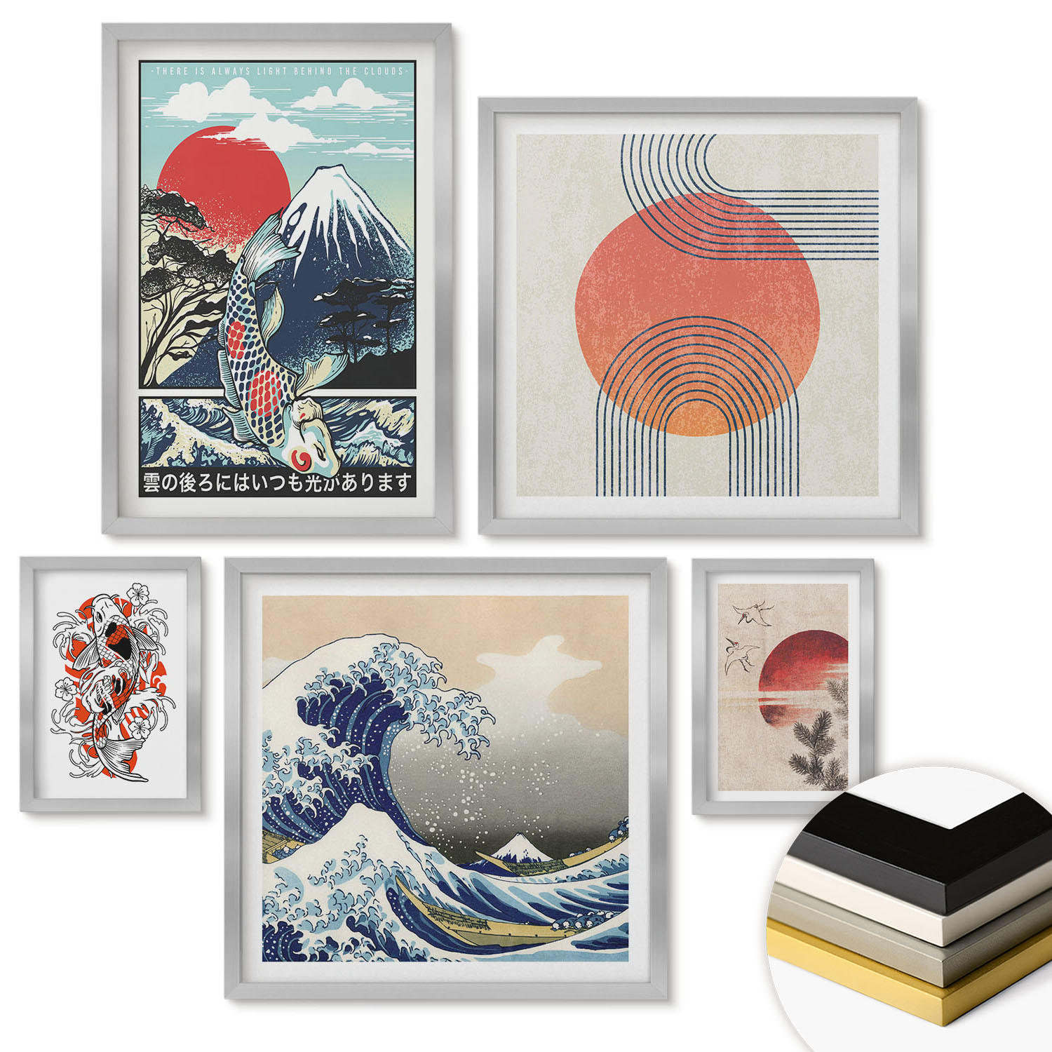 WANDBILDER 5er Set - 50x50 cm & 20x30 cm & 40x60 cm Silberner Rahmen - Illustrationen von Fischbergen, die sich in Japan ausbreiten - Silberfarben, Kunststoff (40/60cm) - ArtPrintCave