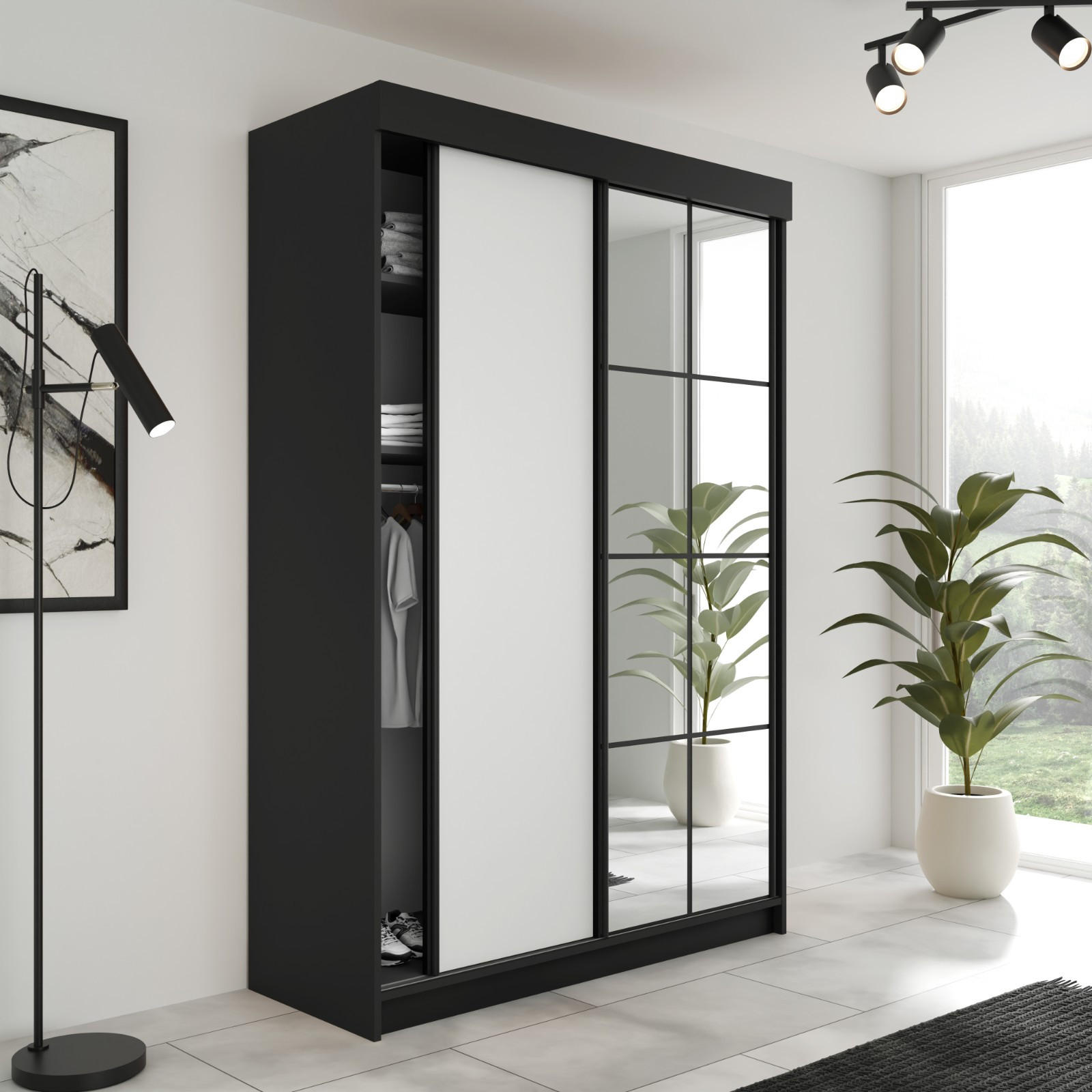 SCHIEBETÜRENSCHRANK LAMARO - 138x205x59 - Schwarz & Weiß - Schwarz/Weiß, Holzwerkstoff (138/205/59cm) - Kier Furniture