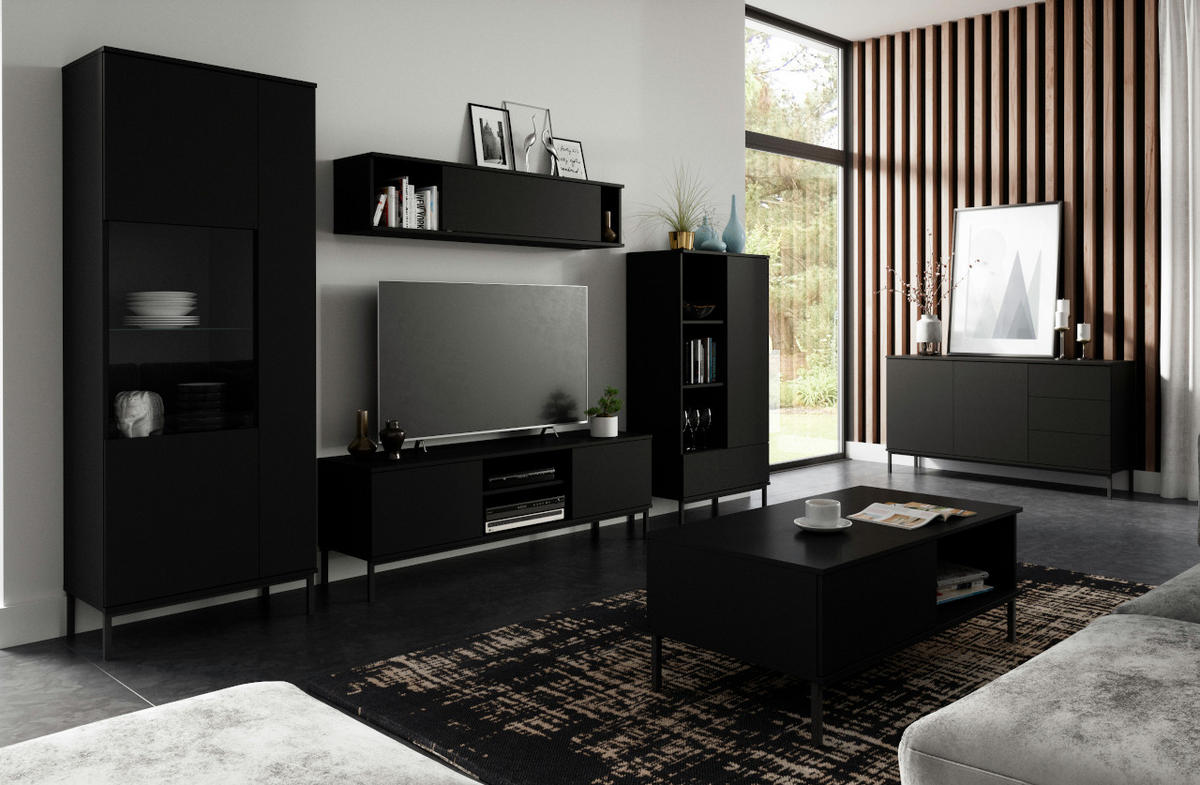 VITRINE Queba 2T Schwarz 70/190/41 cm – schwarze Standvitrine modern - Schwarz, Holzwerkstoff (70/190/41cm) - AX Living