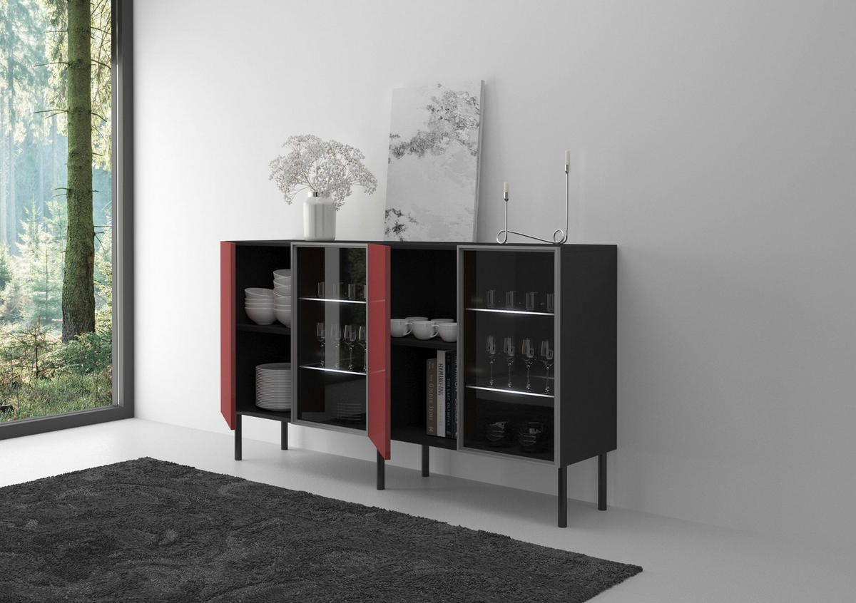 SIDEBOARD Lilka, Glastür, Beleuchtung, Schwarz-Rot, 138 cm - Schwarz, Holzwerkstoff/Metall (138.3/93/38cm) - Skandica