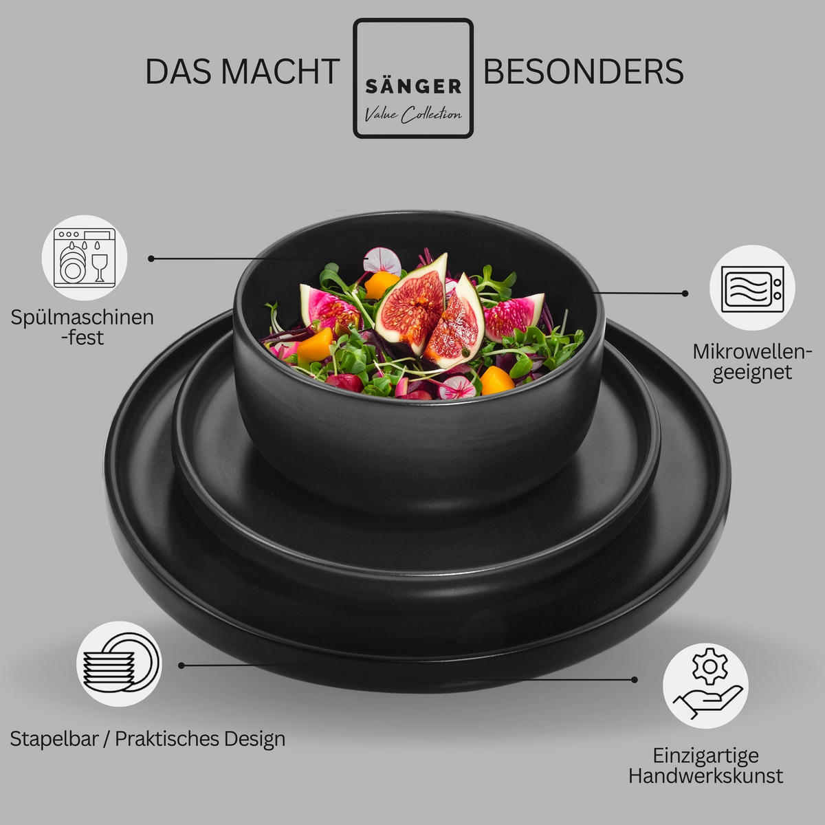 TAFELSERVICE MADEIRA- 18 teilig aus Steingut - Schwarz, Keramik (27/6/27cm) - Sänger