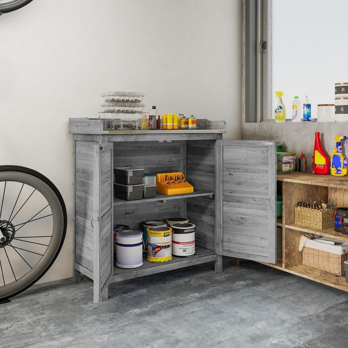 GARTENSCHRANK aus Metall & Holz 40x83x92cm in Grau mit Pflanztisch - Grau, Holz (40/92/83cm) - Modfu