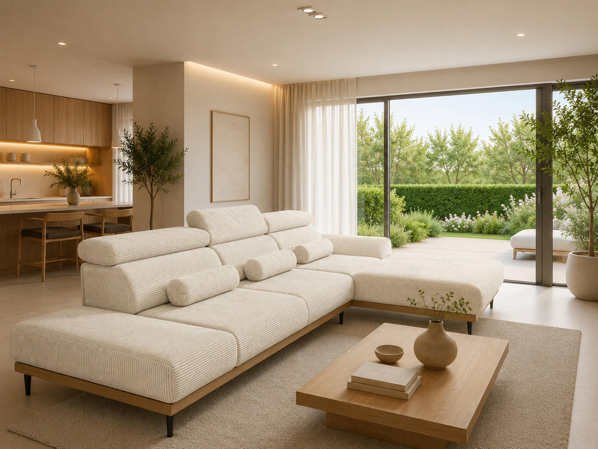 ECKSOFA MONTERO rechts, Ecru, elektr. Sitztiefe & Kopfstützen - Ecru/Schwarz, Textil/Metall (316/205cm) - KS Home Concept
