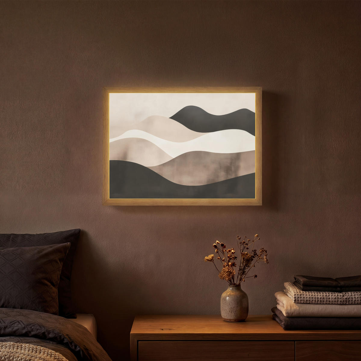NÁSTĚNNÁ LAMPA S AKUMULÁTOREM Abstraktní - Krajina - Vlny - Krémová barva 40x30 cm - šedohnědá, kompozitní dřevo (40/30/8cm) - OnlyWow