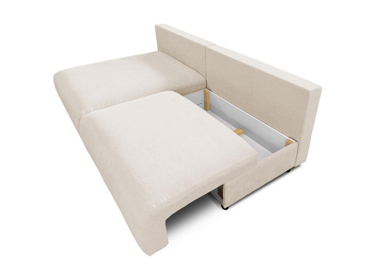 ECKSOFA Sora mit Schlaffunktion, Bettkasten und extra tiefer Komfortzone aus hochwertigem Hellbeige Strukturstoff - Beige/Schwarz, Holz/Kunststoff (140/200cm) - S-Style