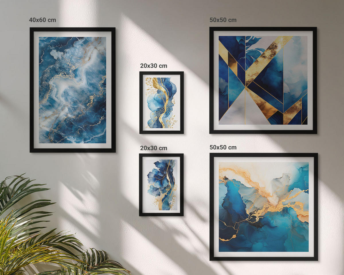 BILDER SET 5er Set - 50x50 cm & 20x30 cm & 40x60 cm Schwarzer Rahmen - Blaue abstrakte Muster - Schwarz, Kunststoff (40/60cm) - TULUP