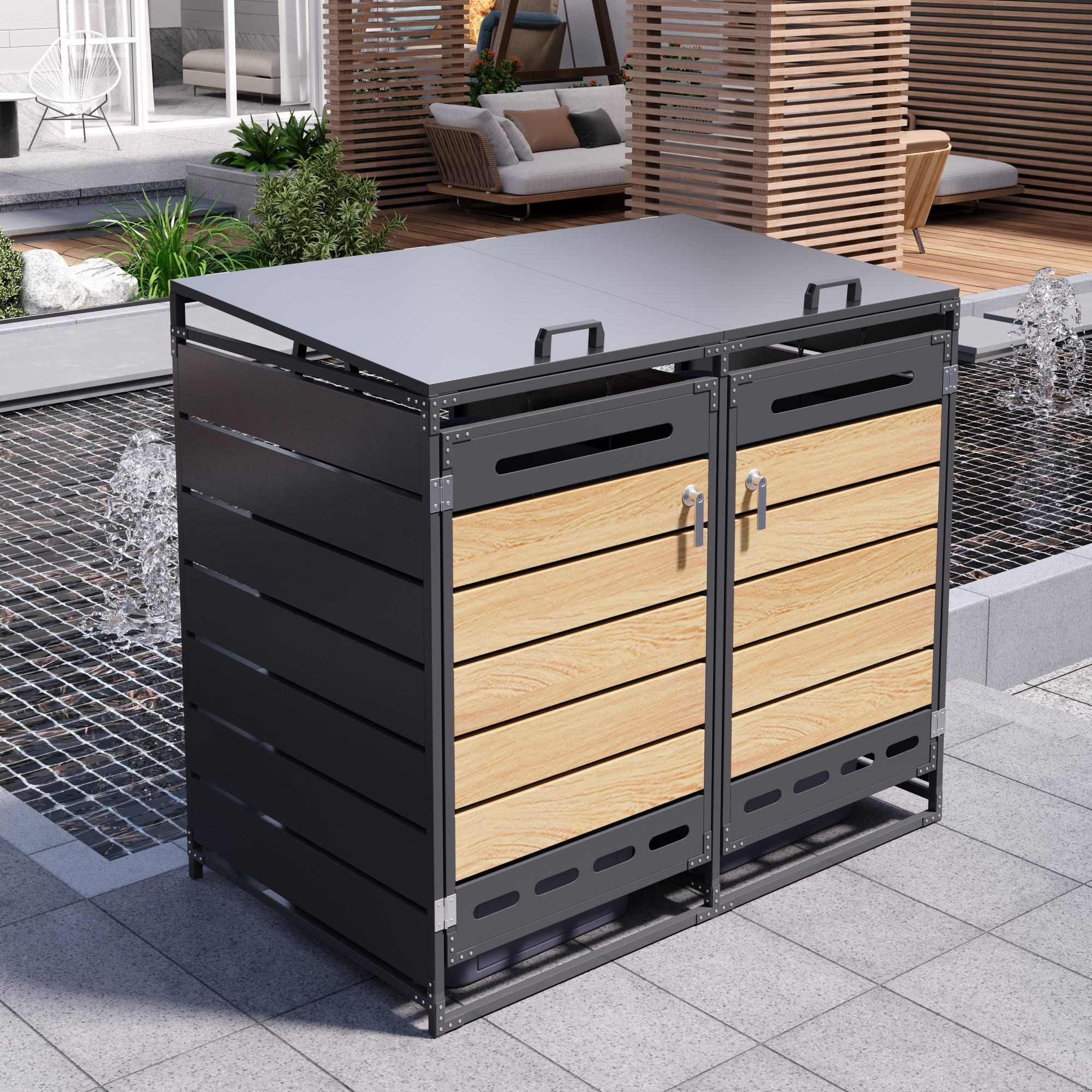 MÜLLTONNENBOX Hydraulik Deckel Holzoptik horizontal Schloss - Schwarz, Metall (131/116/79cm) - LEBENLANG