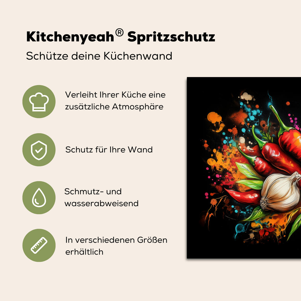 SPRITZSCHUTZ KÜCHE Gemüse - Paprika - Knoblauch - Graffiti - Farbe - Bunt 90x60 cm - Rot, Metall (90/0.3/60cm) - MuchoWow