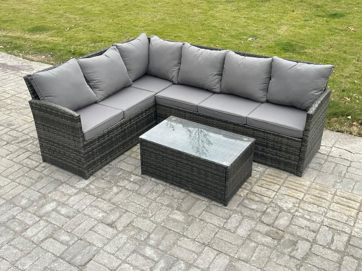 GARTENSET mit Couchtisch Polyrattan Dunkelgrau 6-Sitzer - Dunkelgrau/Grau, Glas/Kunststoff - Fimous