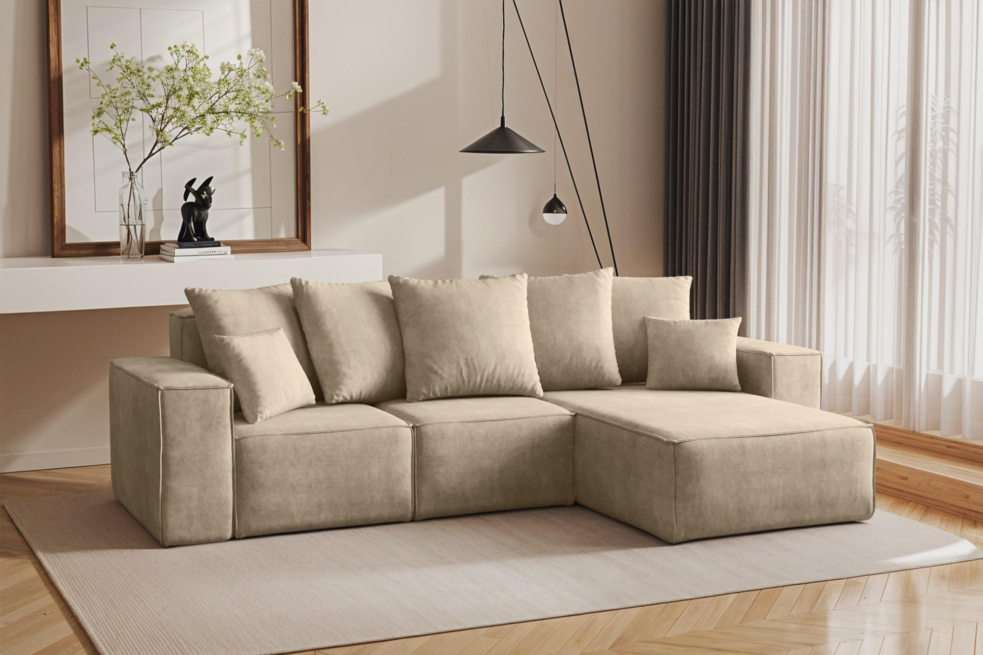 ECKSOFA L-Form Premium Kollektion ELLA Stoff Velours Noel Hellbeige Rechts - Ecru, Holz/Textil (262/168cm) - Kaiser Möbel