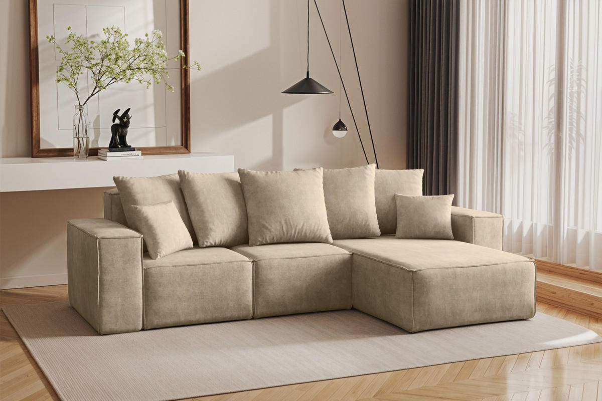 ECKSOFA L-Form Premium Kollektion ELLA Stoff Velours Noel Hellbeige Rechts - Ecru, Holz/Textil (262/168cm) - Kaiser Möbel