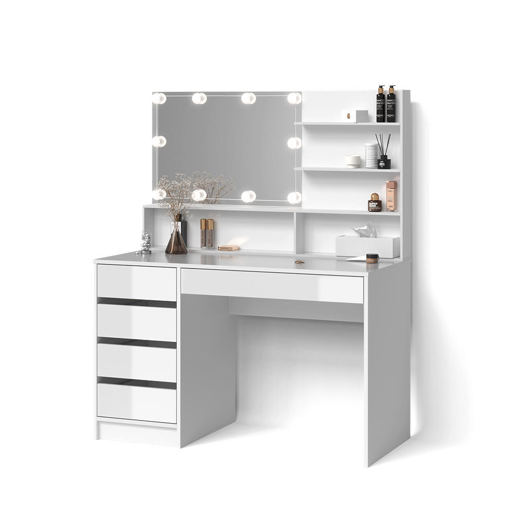 SCHMINKTISCH Imola Weiß 145 cm mit LED Beleuchtung, und Spiegelregal - Weiß, Holzwerkstoff (145/75/55cm) - Livinity®