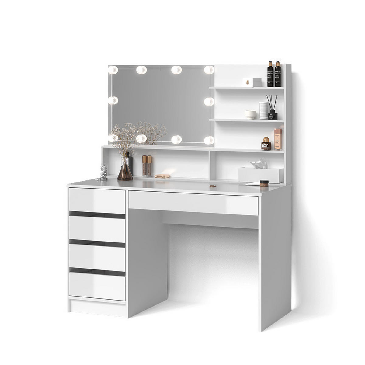 SCHMINKTISCH Imola Weiß 145 cm mit LED Beleuchtung, und Spiegelregal - Weiß, Holzwerkstoff (145/75/55cm) - Livinity®