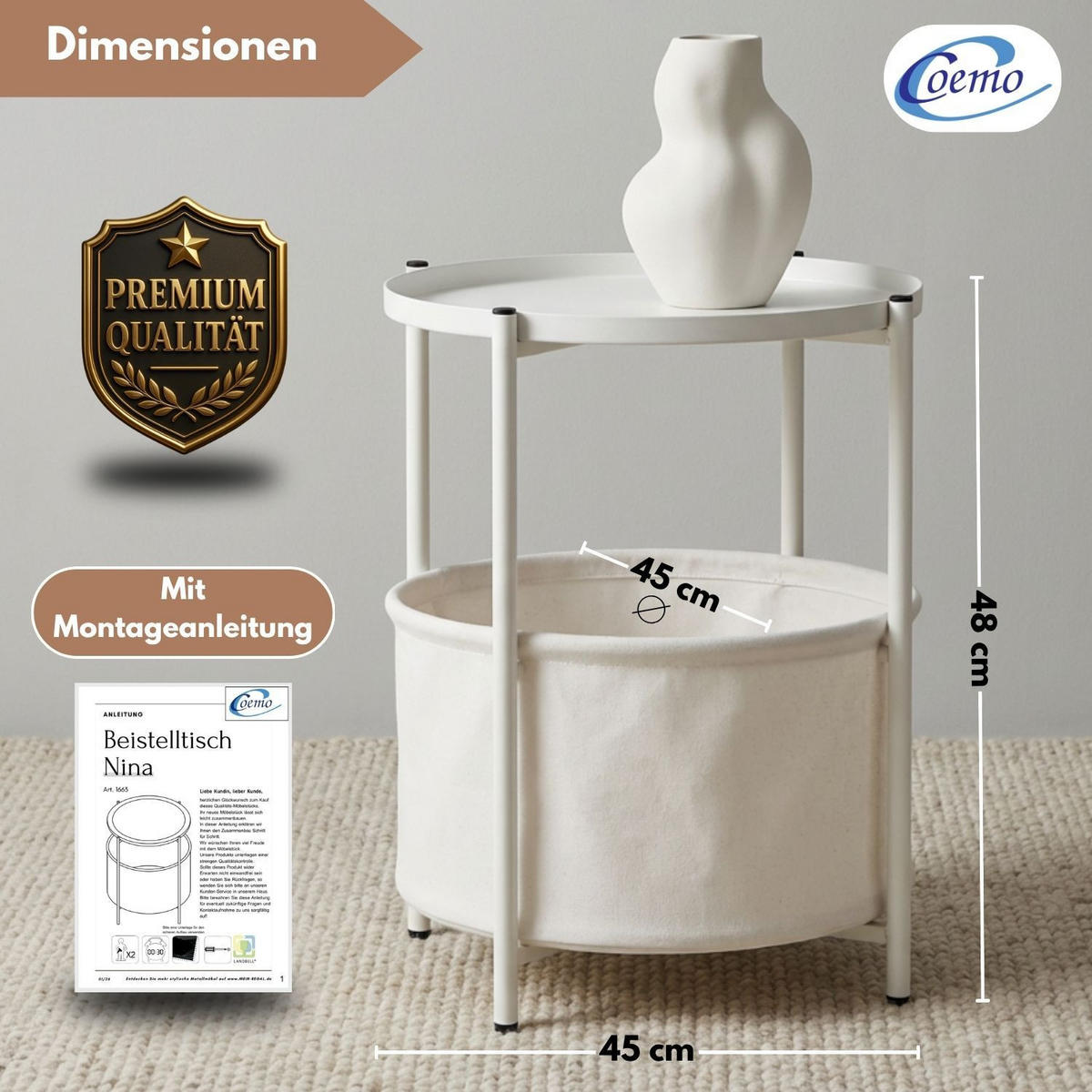 COUCHTISCH NINA rund Metall mit Aufbewahrungskorb Canvas Weiß - Weiß, Metall (45/45/48cm) - Coemo