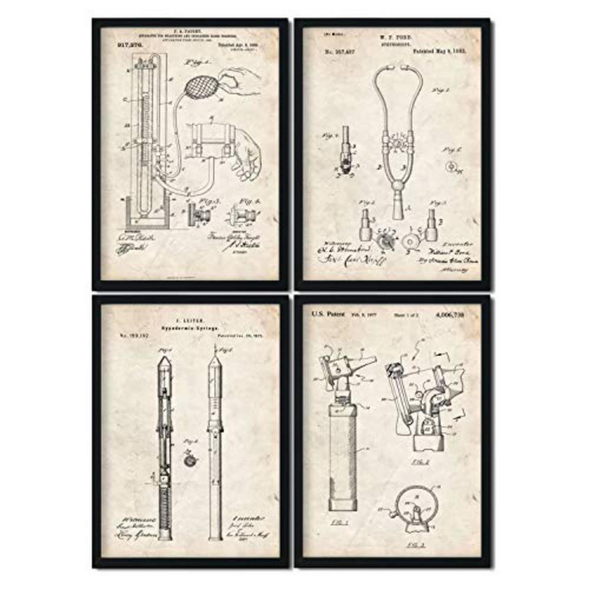 POSTER Set mit 4 Jahrgang medizinischen Geräten PATENT A4 Schwarzer Rahmen - Schwarz, Papier (29.7/3cm) - Nacnic