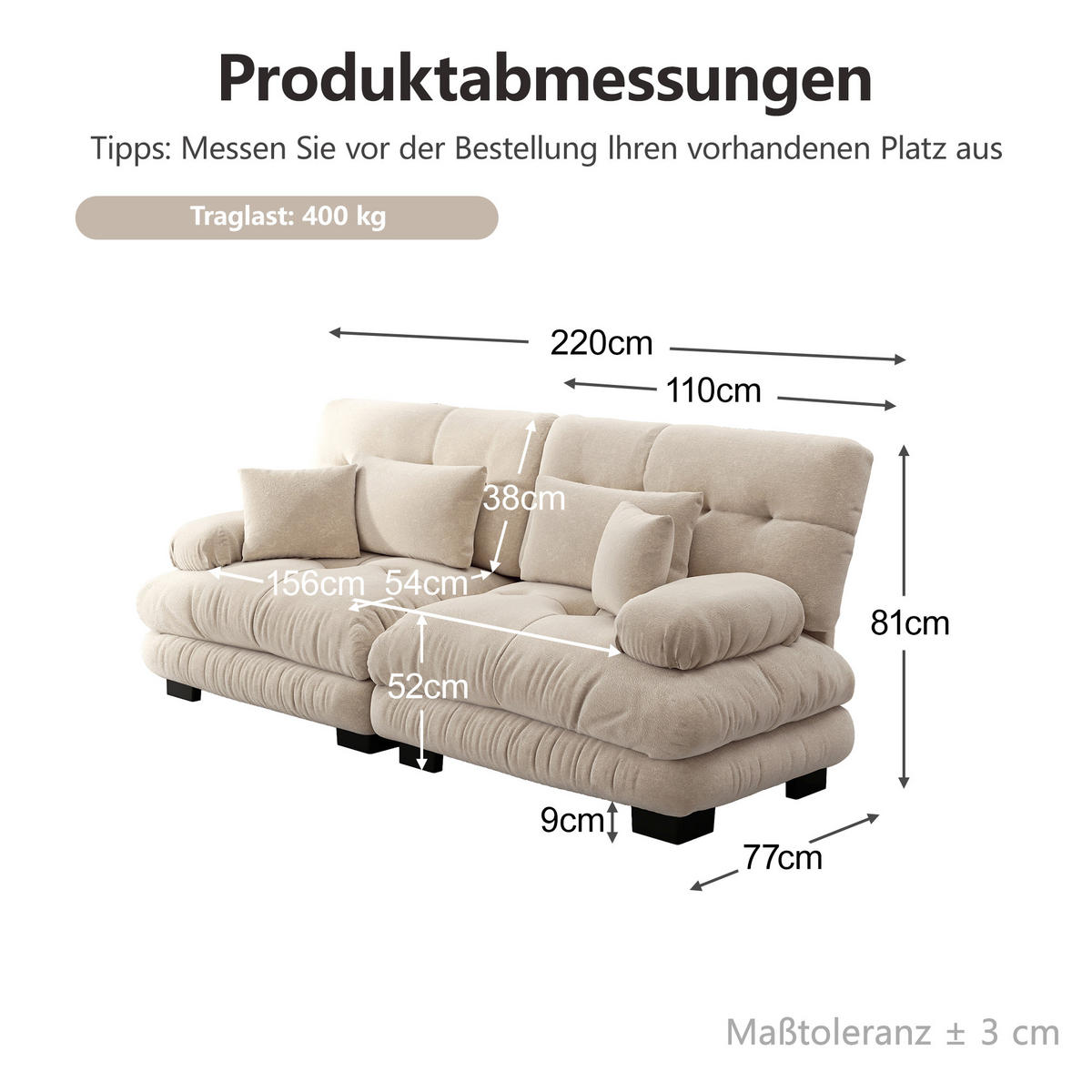 2-SITZER-SOFA DE-34065 mit 4 Kissen Hellbraun - Hellbraun, Holz (77/81/220cm) - ComfortXL
