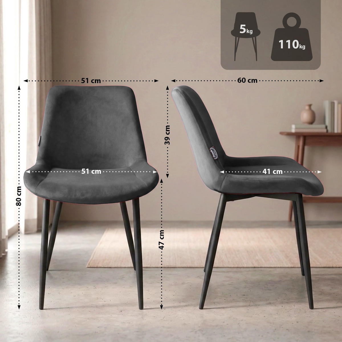 STUHL Samt Grau - Schwarz/Grau, Textil/Metall (51/80/60cm) - CLP