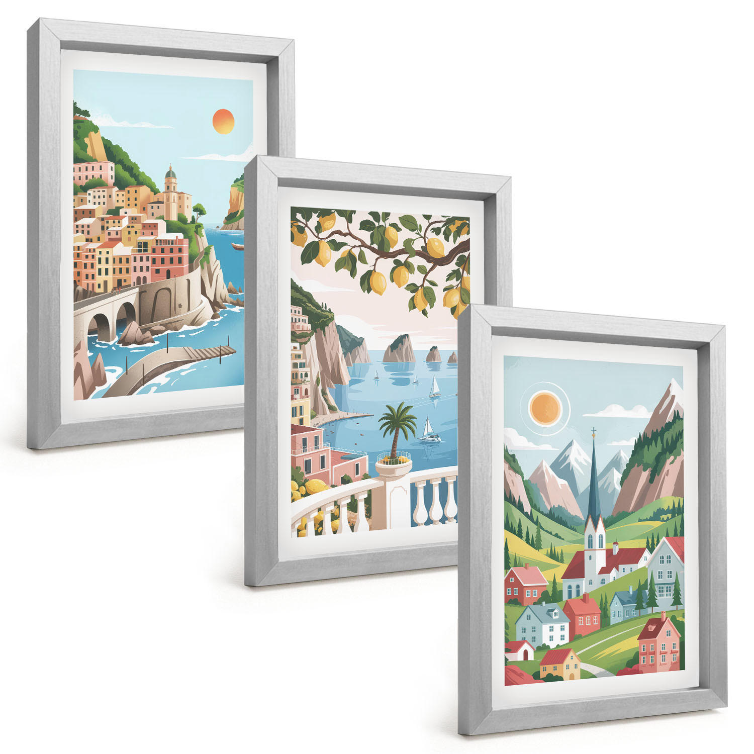 BILDER SET 3er Set - 20x30 cm Silberner Rahmen - Landschaften, Meer, Zitrusfrüchte - Silberfarben, Kunststoff (20/30cm) - TULUP