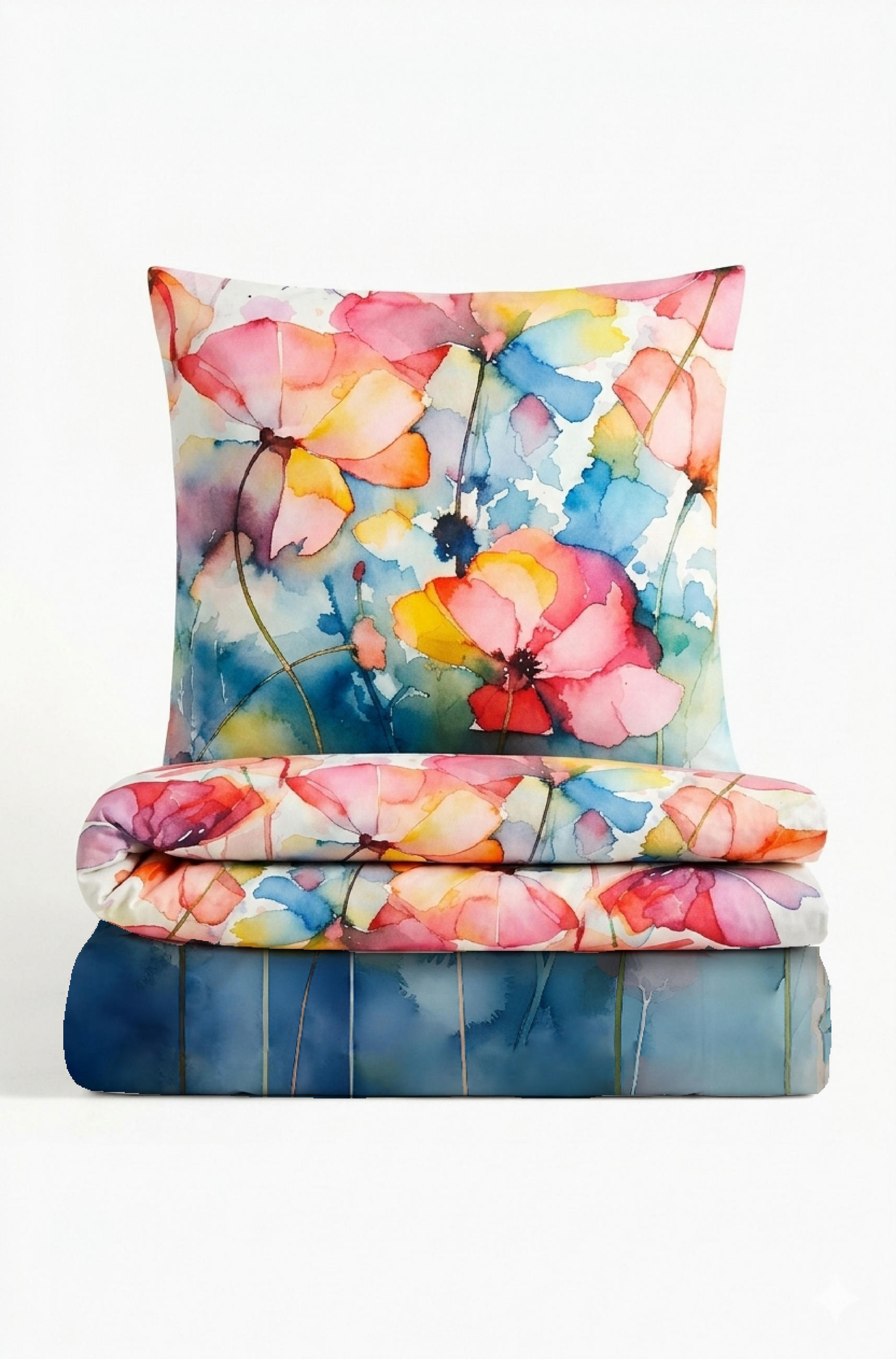 BETTWÄSCHE-GARNITUR Tencel Aquarell Blumen taubenblau, 135x200 cm + 80x80 cm - Blaugrau, Textil (135/200cm) - biberna