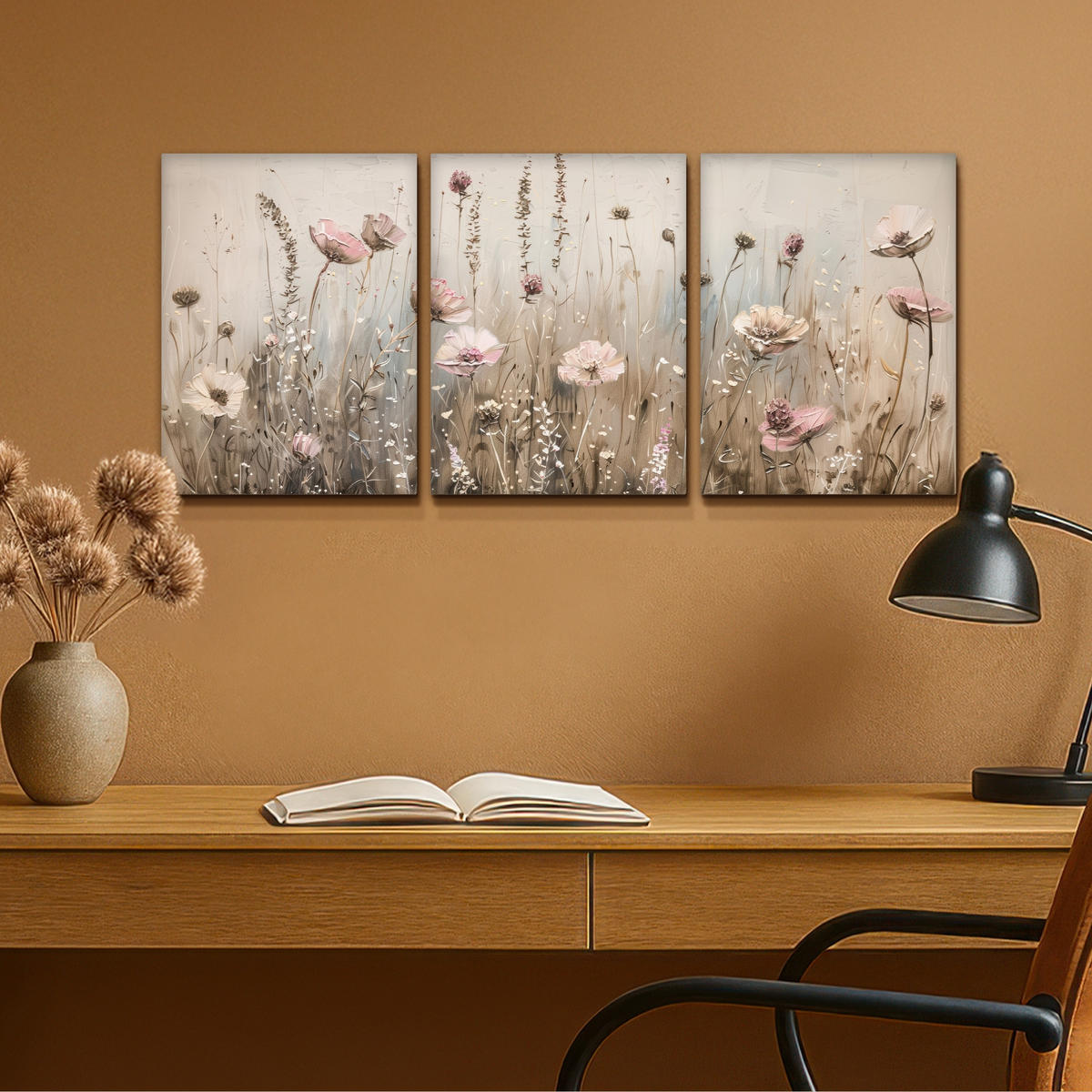 LEINWANDBILD 3er Set Blumen - Beige - Modern - Rosa 90x40 cm - Ecru, Textil (90/40cm) - MuchoWow
