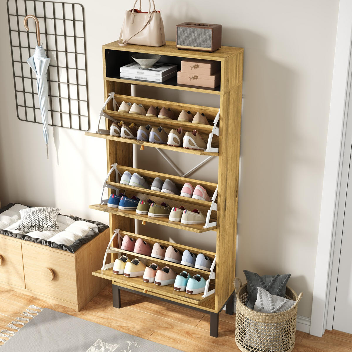 SCHUHSCHRANK 63/24/147 cm mit 3 Klappen in Naturfarbe, schmales Design - Naturfarben, Holzwerkstoff (63/147/24cm) - BEAOK