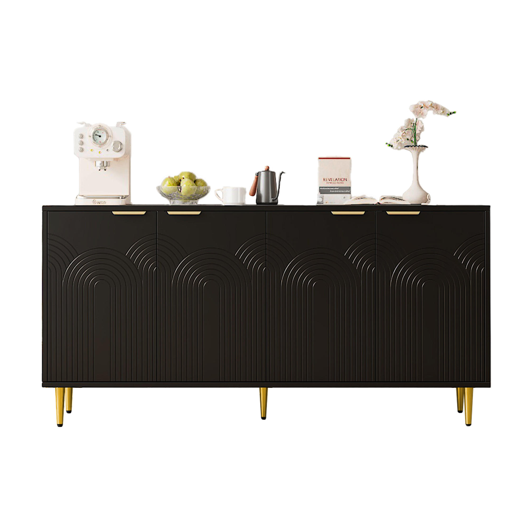 SIDEBOARD 4 Türen Goldgriffe Soft-Close verstellbare Böden Holzoptik Hochglanz Beine modern - Goldfarben/Schwarz, Holzwerkstoff/Metall (160/80/40cm) - EVRYAE
