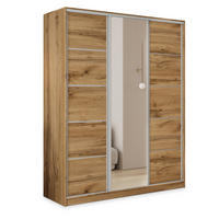 SCHWEBETÜRENSCHRANK PINA 160/205/58 cm 3-türig mit Spiegel und 4 Schubladen Eiche Wotan - Eiche Wotan, Holzwerkstoff (160/205/58cm) - MASSENO