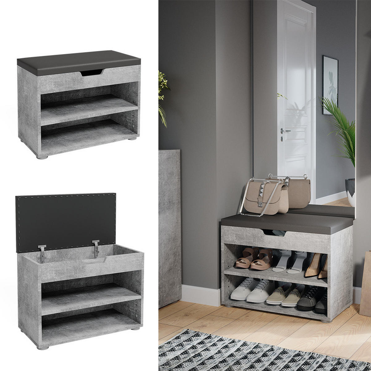 SCHUHBANK Rolfe Beton 60 x 45 cm - Grau, Holzwerkstoff (60/45/30cm) - Vicco