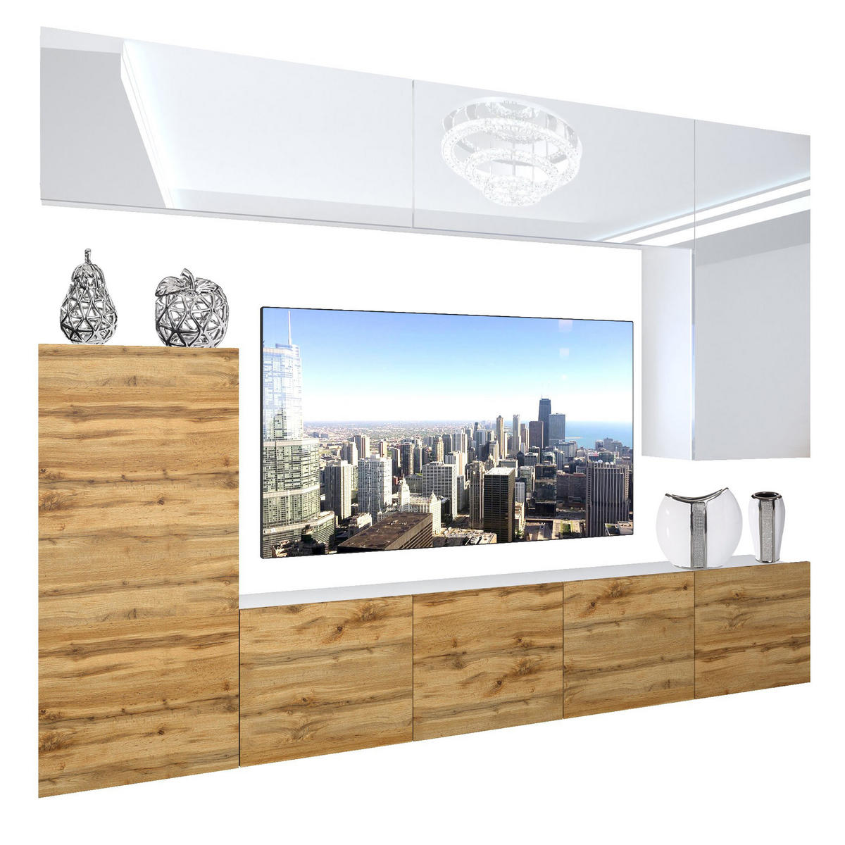 WOHNZIMMERWAND Schrankwand mit LED Weiß ganzes Oberteil / Eiche Wotan - Weiß Hochglanz/Eiche Wotan, Holz (250/180/36cm) - B BELINI GROUP