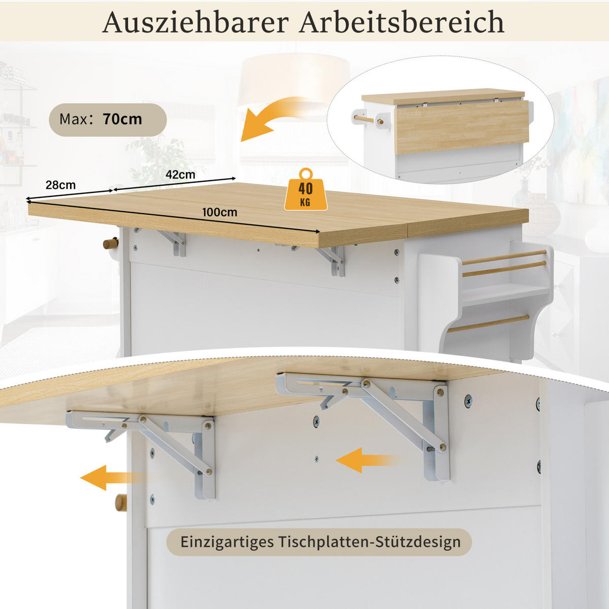KÜCHENINSEL 100/42-70/91,5 cm in Weiß/Natur mit Rollen und ausklappbarer Platte - Weiß, Holzwerkstoff (100/91.5/70cm) - Flora Grace