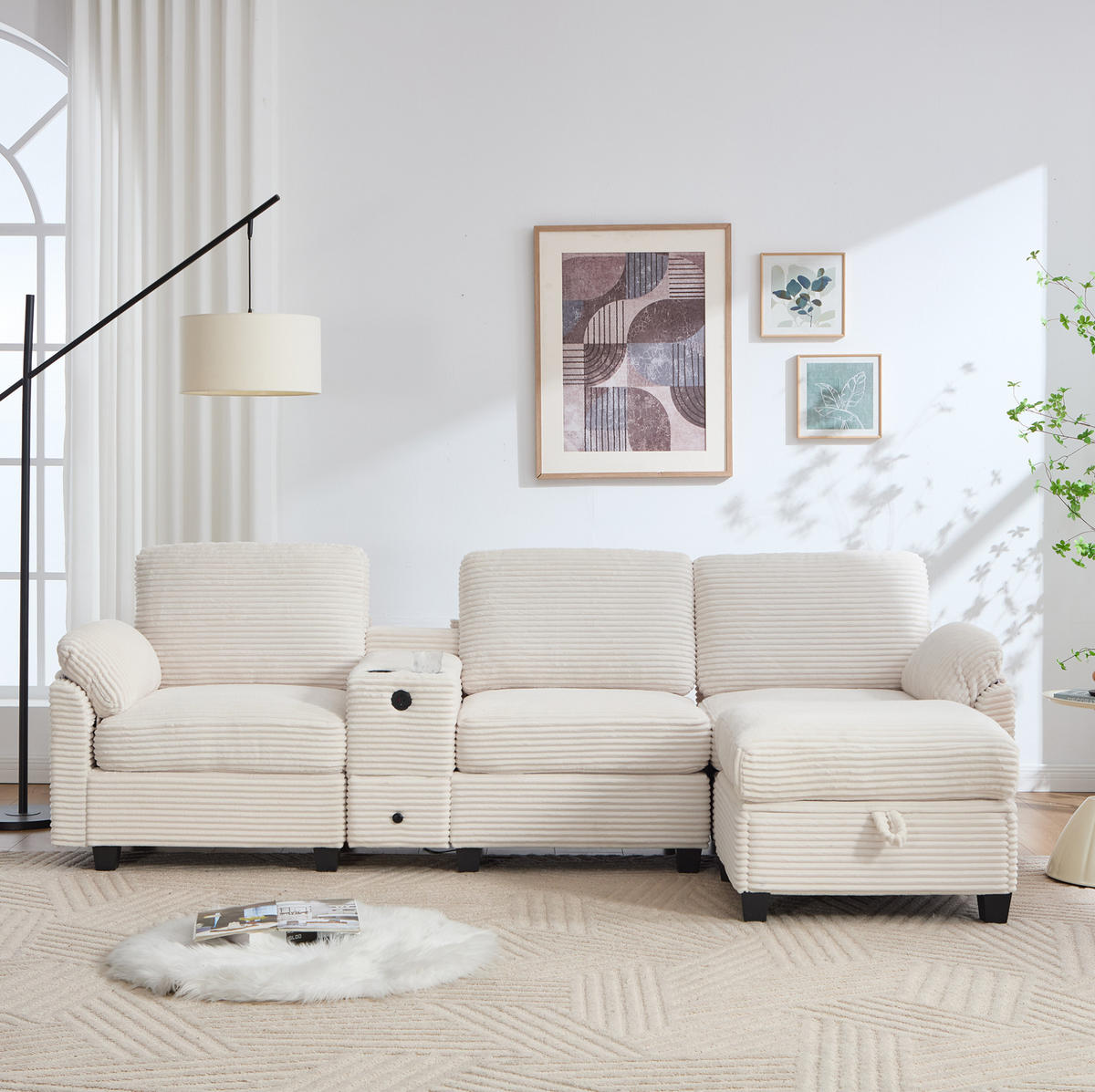 ECKSOFA L-Form mit verschiebbarer Mittelkonsole & USB-C-Anschluss Beige 266/136/82 cm - Beige, Textil (266/136cm) - OKWISH