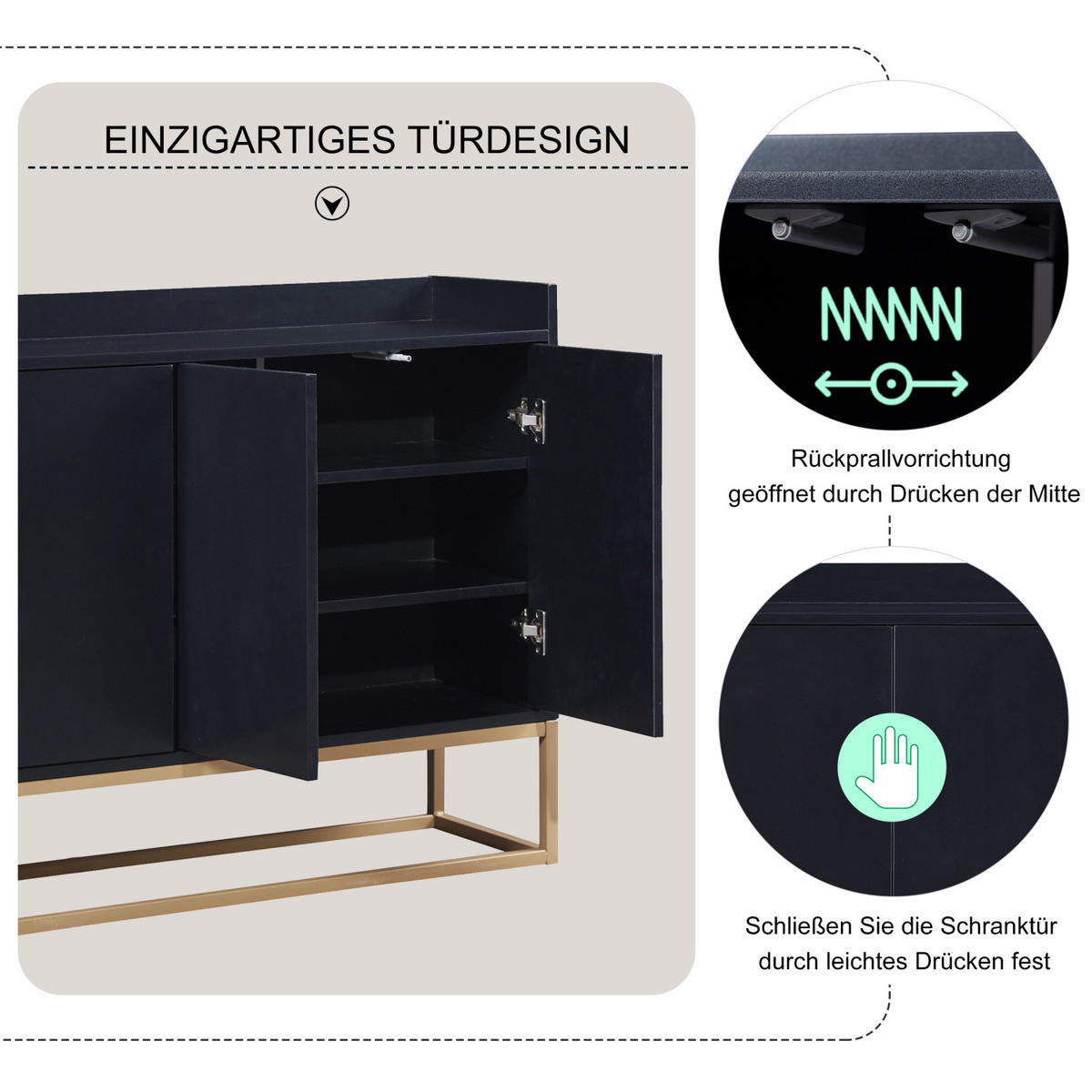 SIDEBOARD, Kommode mit 4 Türen, Verstellbaren Einlegeböden und goldenen Metallrahmen, Schwarz - Schwarz, Holz (30/80/120cm)