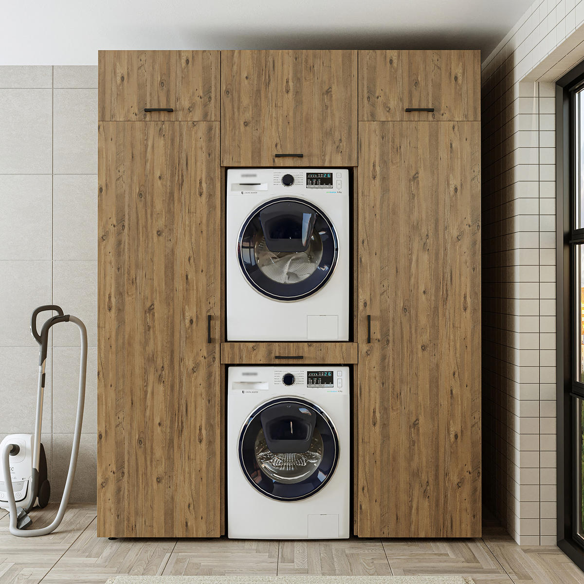 WASCHMASCHINENSCHRANK DUO-I 187cm Breit, 240cm Hoch - Eichefarben, Holzwerkstoff (187/240/67cm)