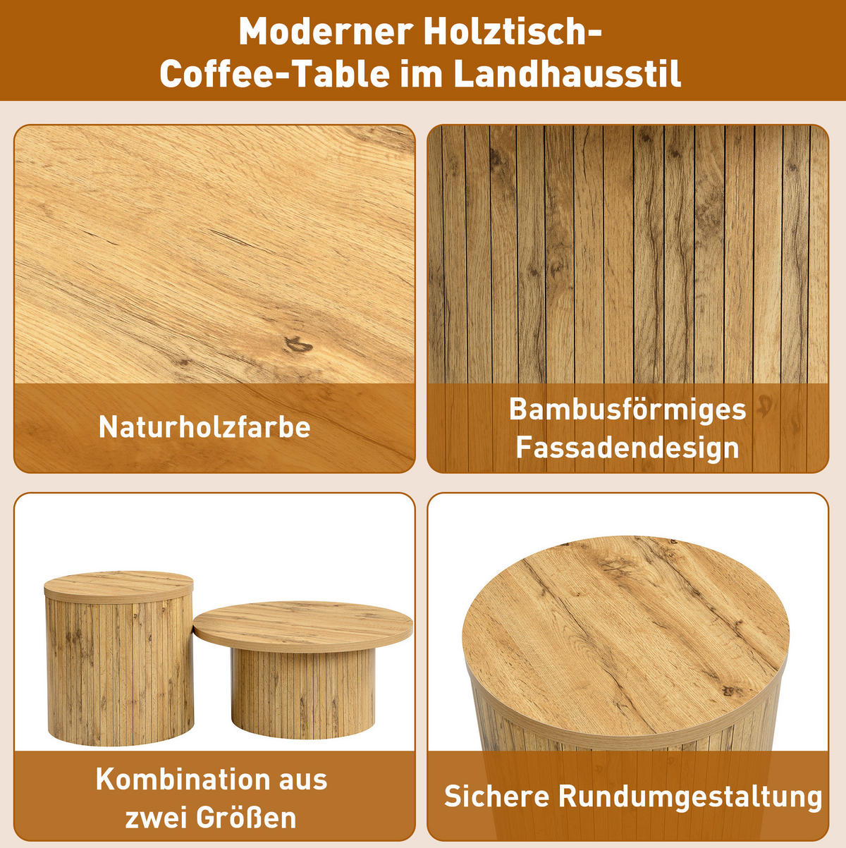 COUCHTISCH-SET 75/75/36 + 50/50/50,5 cm aus MDF, flexibel kombinierbar mit Stauraum in Naturholzoptik, Natur - Naturfarben, Holzwerkstoff (75/75/36cm) - Redom