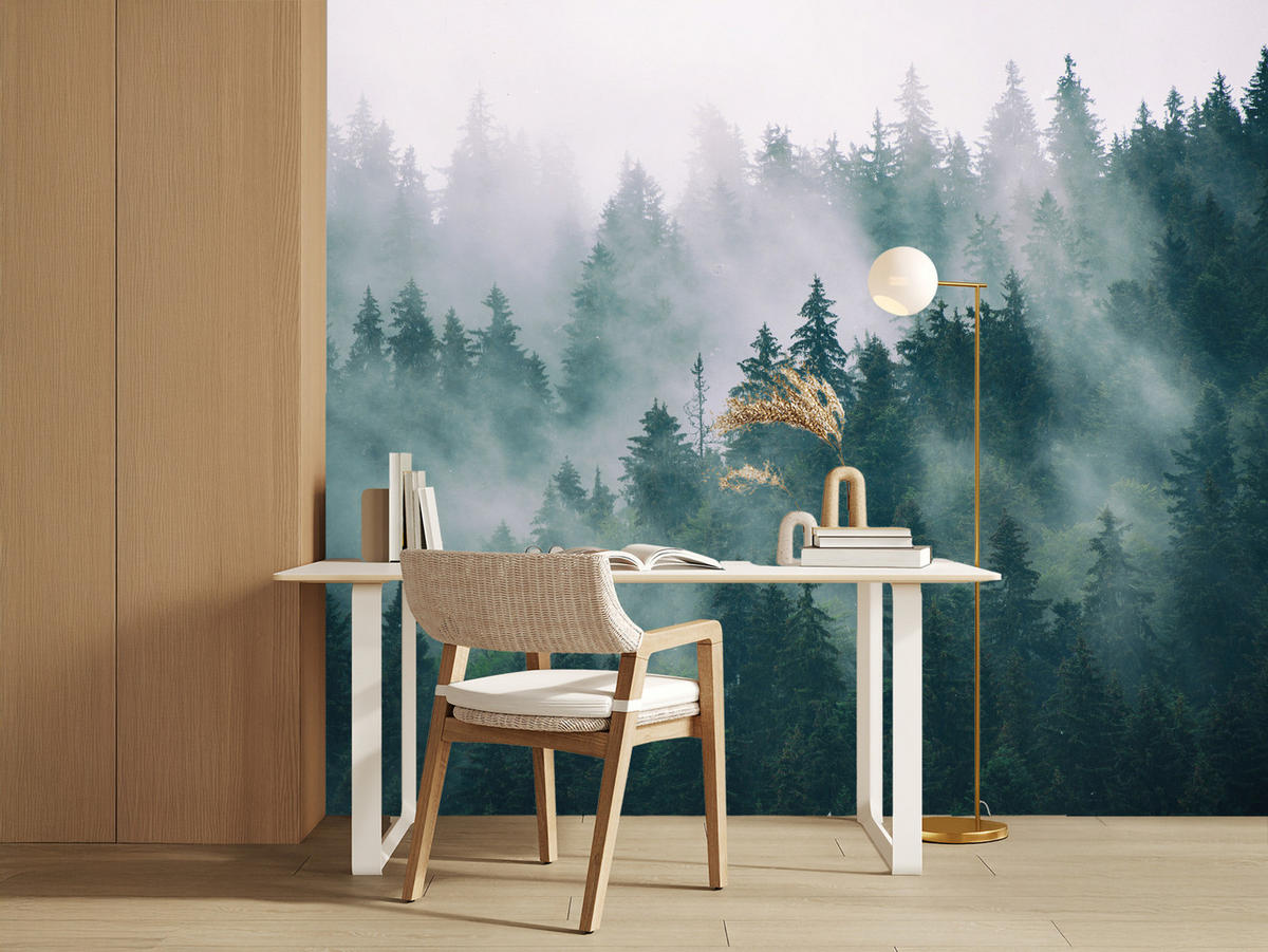 FOTOTAPETE Wald im Nebel Landschaft Natur 3D 400x280 - Türkis/Grau, Papier (400/280cm) - Muralo