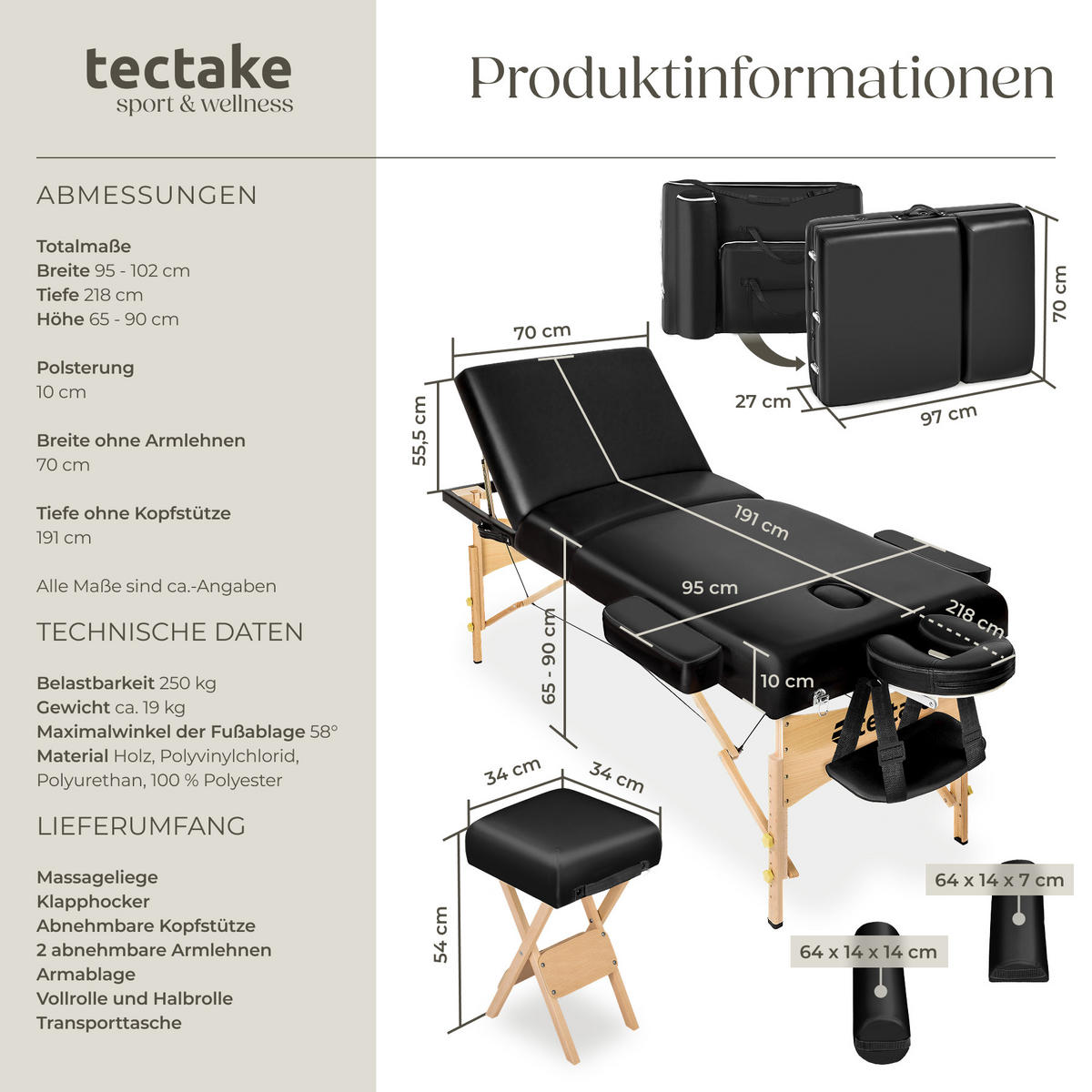 MASSAGELIEGE-SET 3 Zonen, 218 x 102 x 90 cm,schwarz - Schwarz, Holz (102/90/218cm) - tectake